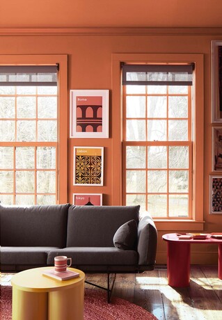 Una sala de estar con paredes y molduras pintadas en un naranja intenso