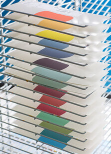 A drying rack from our research and development facility features just a few of Benjamin Moore's 3,5