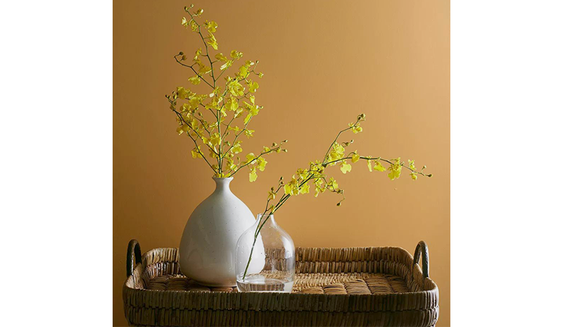 One ceramic vase and one glass vase with yellow flowers in front of an orange-painted wall.