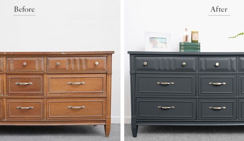 Two images, the first is a wood dresser cabinet, the second is a painted dresser cabinet.