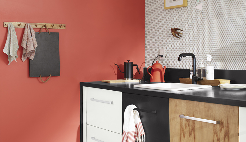 A sleek kitchen corner with a coral-painted wall
