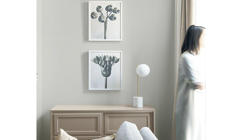 Salón gris claro con dos marcos colgados sobre un mueble de madera junto a un sofá gris.
