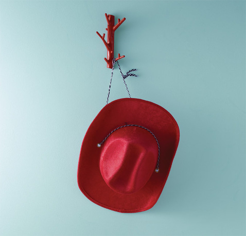 A pale blue wall frames a red cowboy hat.