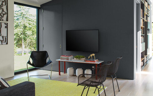 Contemporary living room with dark gray feature wall.