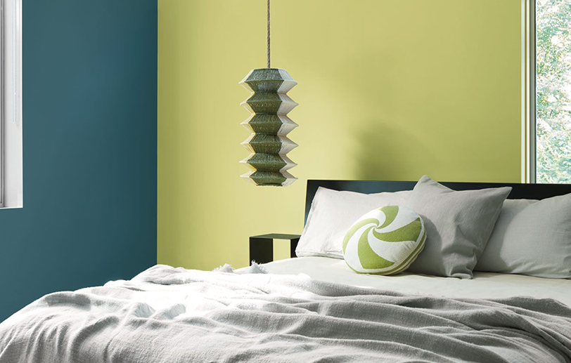 Bedroom with Lilianna CSP-855 soft yellow-green and Stained Glass CSP-685 deep blue walls.