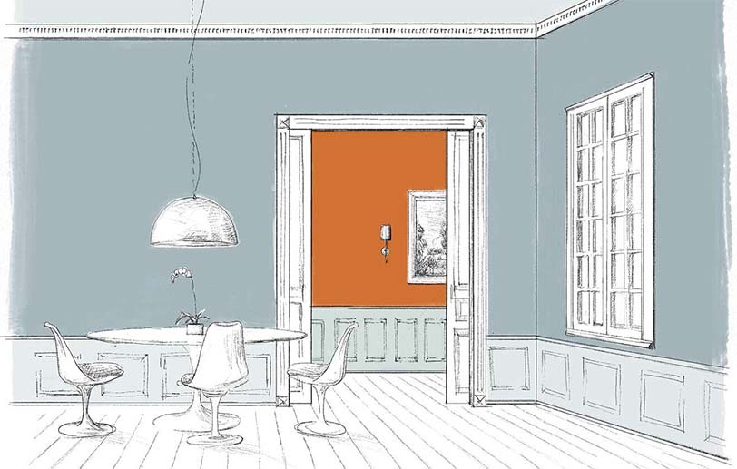 A sketch of a dining area with blue walls, a light blue ceiling and wainscoting and a orange hallway