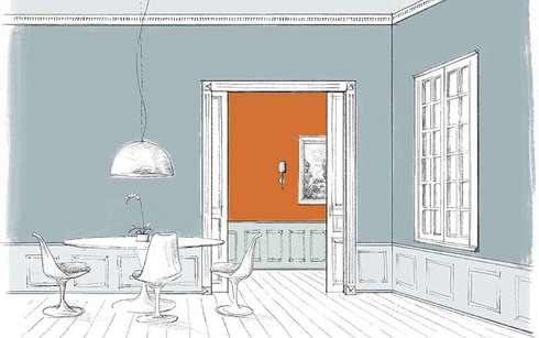 A sketch of a dining area with blue walls, a light blue ceiling and wainscoting and a orange hallway